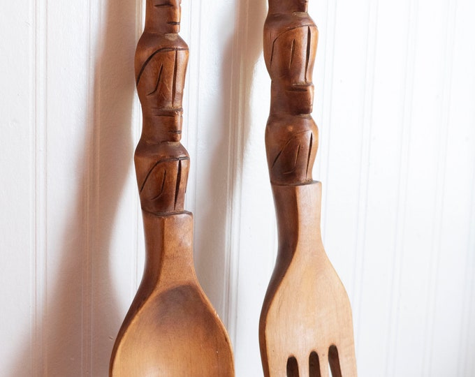 Vintage Wood Fork and Spoon Wall Hanging Large Wooden Carved Etsy