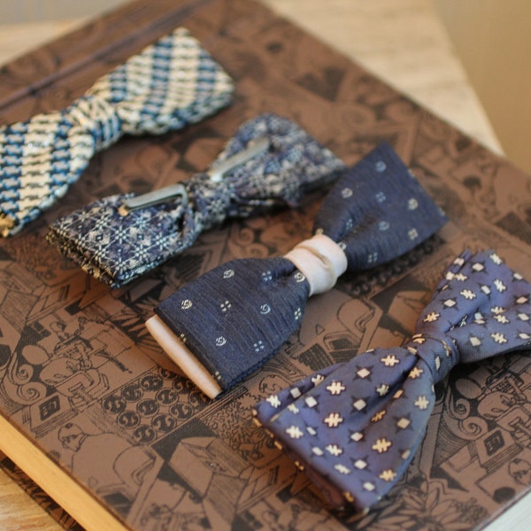 Vintage Bow Ties clip on set of 4 different shades of blue gift for him classic man