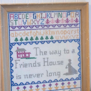 Vintage Cross Stitch Sampler, Country Farmhouse Friendship Gift, The Way to a Friends House is Never Long,