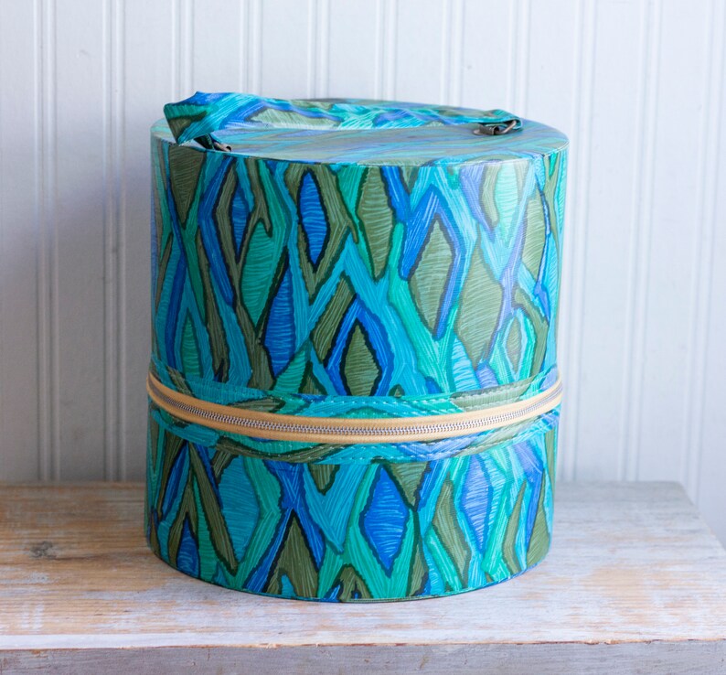 Vintage Wig Box 1960 S Mod Travel Case Sealatron Blue Green Abstract Beauty Mid Century Hat Carrying Storage Container