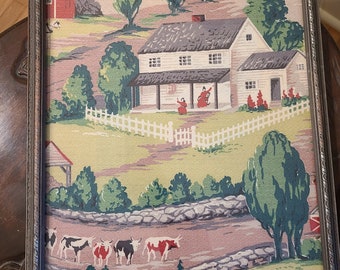 Vintage Framed Textile with Farm And Women