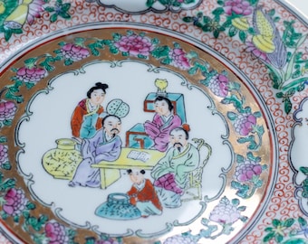 Vintage Chinese Family Porcelain Plate, China Famille Rose Medallion handpainted with men women children, Birds and Flowers