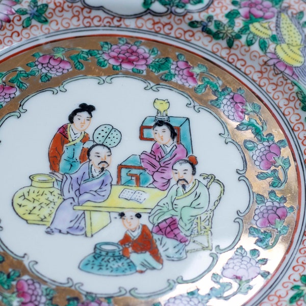 Vintage Chinese Family Porcelain Plate, China Famille Rose Medallion handpainted with men women children, Birds and Flowers