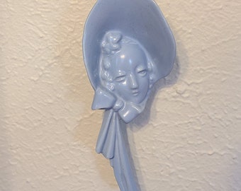 Vintage wall pocket blue lady in bonnet, Mid Century Cottage Home Decor