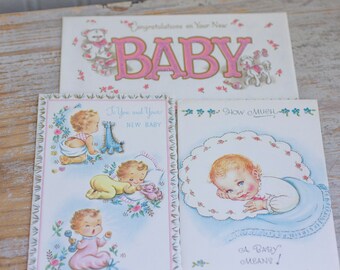 Vintage New Baby Greeting Cards - 1940s 50s Baby Gift, Pink Blue, Boy Girl, Collectible Paper Ephemera