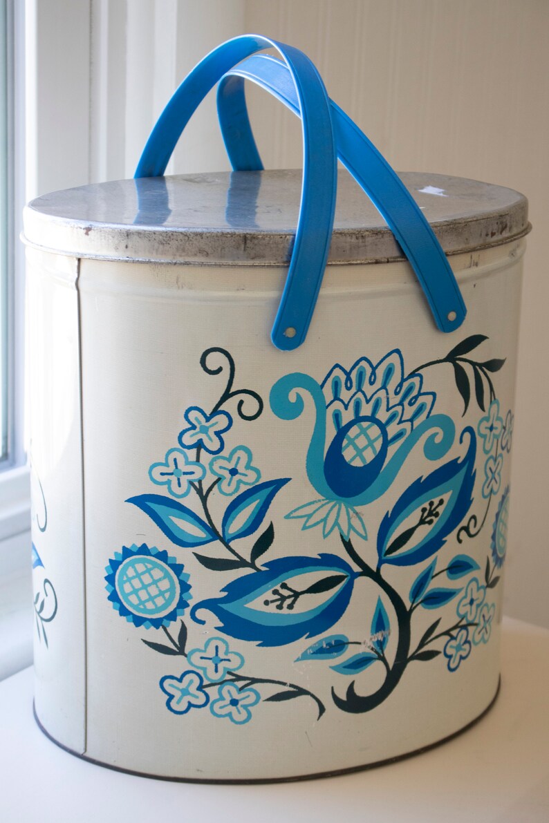 Vintage Metal Storage Container With Handles Blue Floral Etsy
