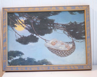 RARE Vintage Framed Print by Artist Jessie Wilcox Smith, Baby In Basket Hanging from a Tree Branch, Vintage Nursery Decor