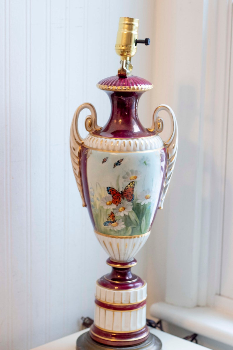Vintage Urn Lamp with Butterflies and Flowers Cranberry or image 0