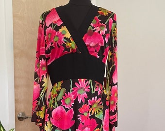 1970s Maxi Dress - Duster  - Side Slits- Flower Power Vintage