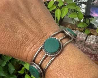 Sterling Silver Taxco Bracelet / Mexican Cuff Vintage  - Green Onyx