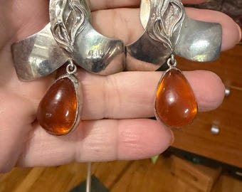 Sterling Silver Amber Earrings Vintage -  1980s Large Dangle
