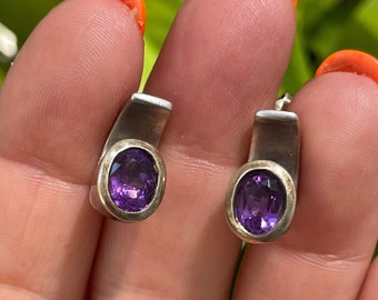 Sterling silver Amethyst Earrrings Gold Wash Bezel Vintage