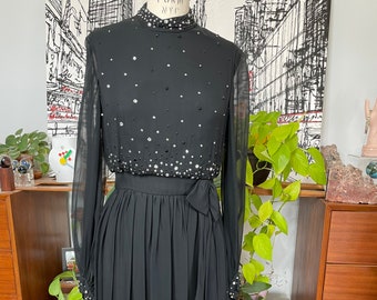 1960s Dress BOW waist  Little Black Dress sheer Sleeve Rhinestone Bodice Vintage