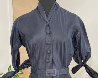 1950s Varden Navy Blue Dress - Fit & Flare - Quilted Skirt Vintage 60s