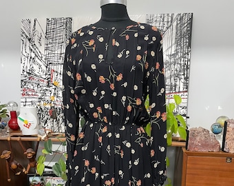 CHESTER WEINBERG Dress - Floral Print - Black -Cream - Red - Saks 5th Ave - Pockets 1970s