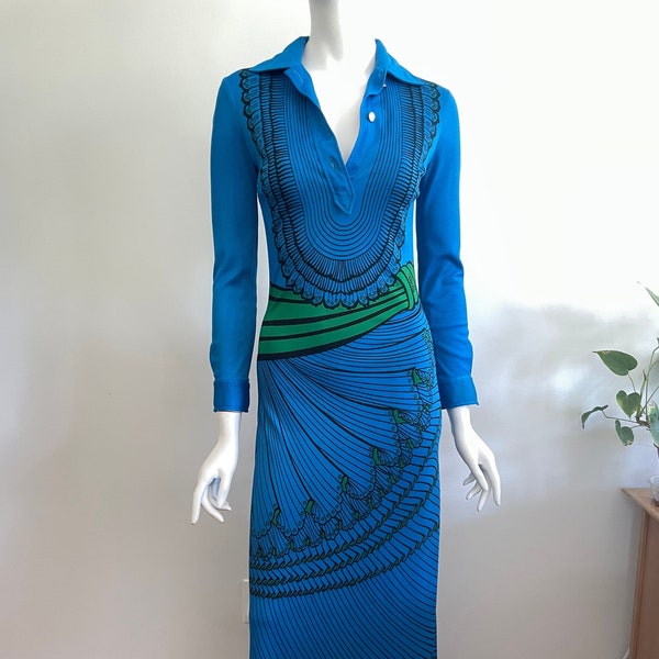 1970s ROBERTA DI CAMERINO Maxi Dress - Trompe l'Oeil Print - Blue Green Black