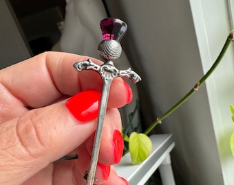 Sterling silver Dagger Sword Brooch - Amethyst - Pin English Antique Vintage