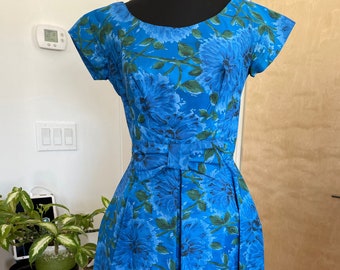 Vintage 1950s 60s Floral Blue Dress Watercolor pleated Dress  Bow Waist