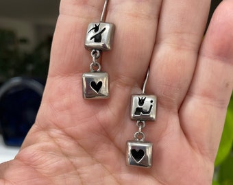 Sterling Silver Earrings Dangle Heart - VIntage 1980s