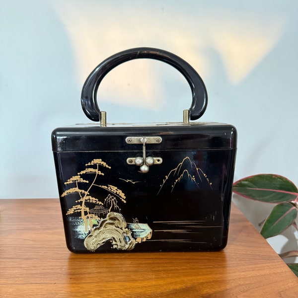 1960s Vintage Black Lacquer Asian handbag - Sewing box - Jewelry - Purse - Mid Century