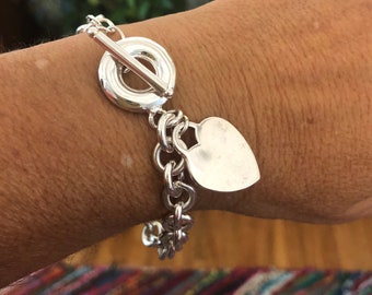 Sterling Silver Chain link Heart Toggle Bracelet Vintage 1980s