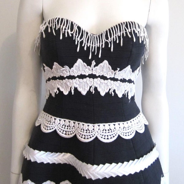 Vintage 1980s Victor Costa Dress - Black & White Strapless Cocktail Dress -
