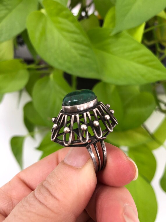 Adjustable Sterling Silver Malachite Dome Ring – … - image 2