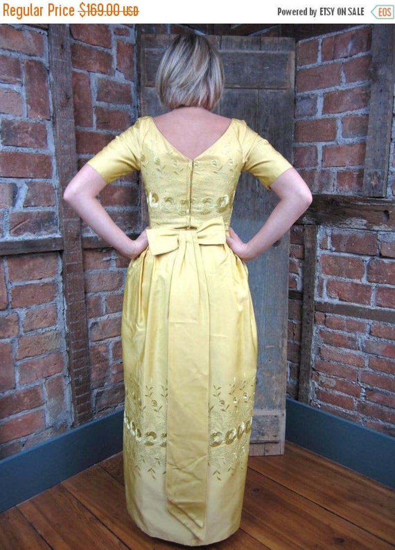On Sale 1950s 60s Gold Yellow Dress Embroidered Gown Party Prom Dress Cocktail DressGlam 50s Dress 682