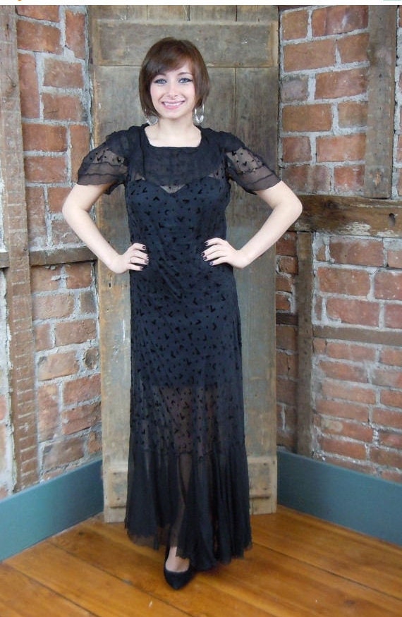 1930s Black Gown Dress Burnout Goth Wedding Large 