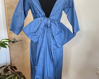 1950s Vintage Blue Dress - Cut out shoulder 1960s - Bow Back - Deep V Back Vintage