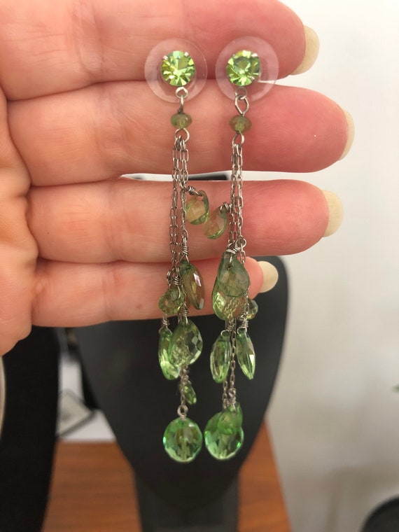 Silver Dangle Earrings. Green drops - artisan Craf
