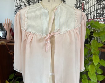 Pink Collared Bed Jacket with Lace Trim and Ribbon Tie 1950’s/60’s