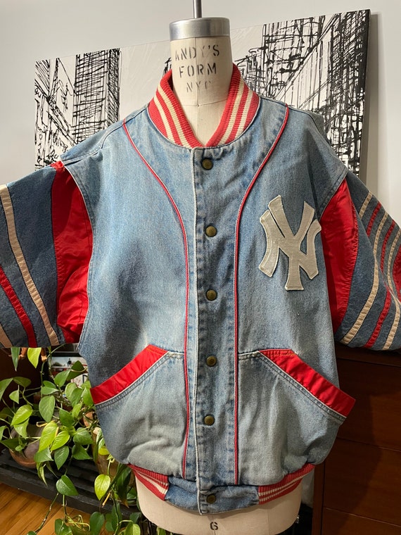 NY Yankees 1980s Jacket Denim - Dolman - Red Whit… - image 7