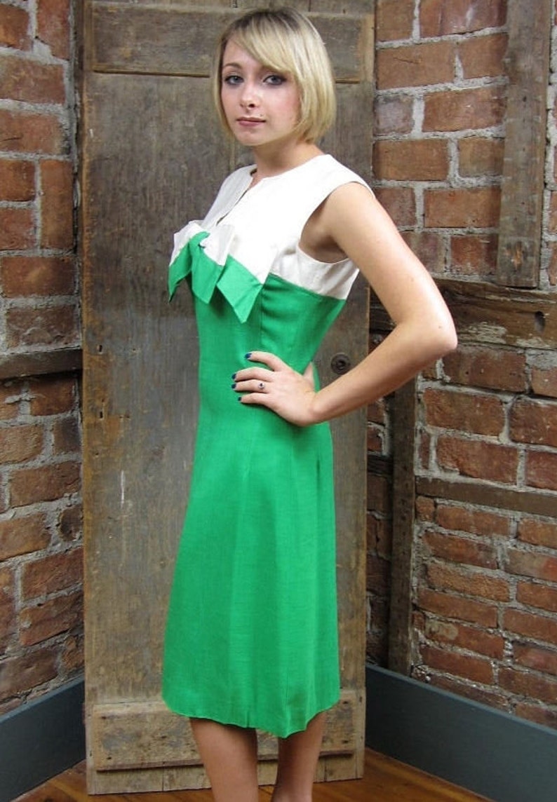 1960s Color block Dress linen 1960s Dress Green White Bow Bodice