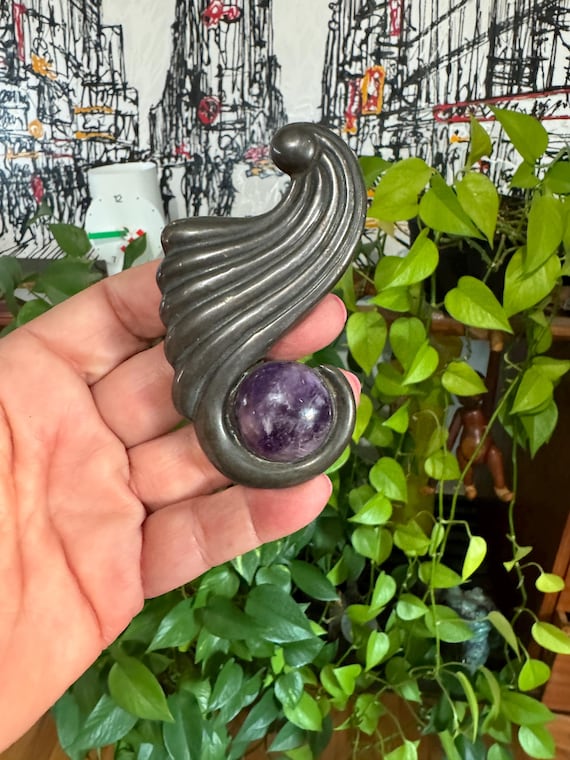 Sterling Silver Amethyst Cornucopia Brooch Pin TA… - image 1