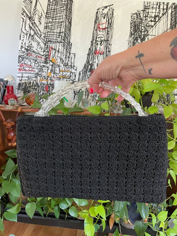 1930s cord EVENING purse BAG Black Crocheted Cord… - image 5