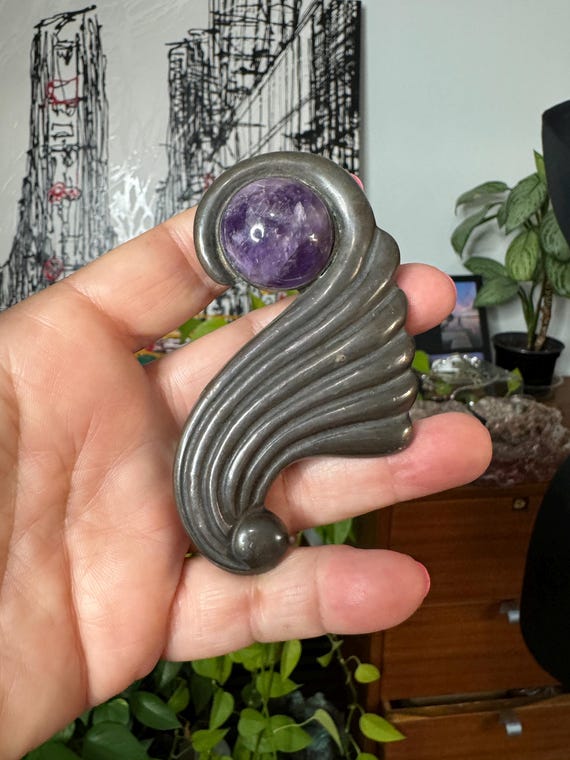 Sterling Silver Amethyst Cornucopia Brooch Pin TA… - image 6