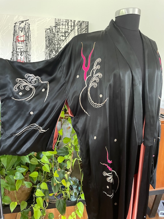 Japanese Silk Kimono Robe Couched Gold Thread Emb… - image 3