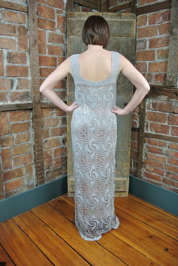 1920s-30s Crochet Handmade Dress. Gray Silver Lame