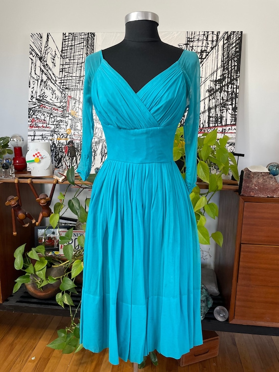 1950s Vintage Blue Dress - Chiffon  - Sheer - Shir