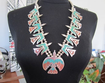 Navajo Necklace  Silver Thunderbird Turquoise, Coral Vintage