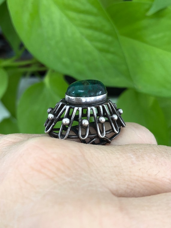 Adjustable Sterling Silver Malachite Dome Ring – … - image 6