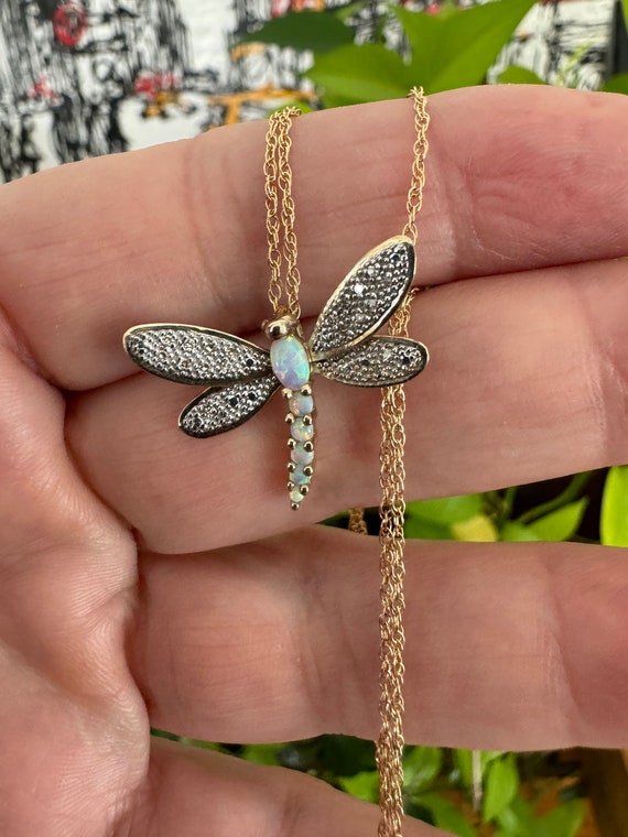 10k Diamond Opal Pendant Dragonfly Necklace Vinta… - image 1