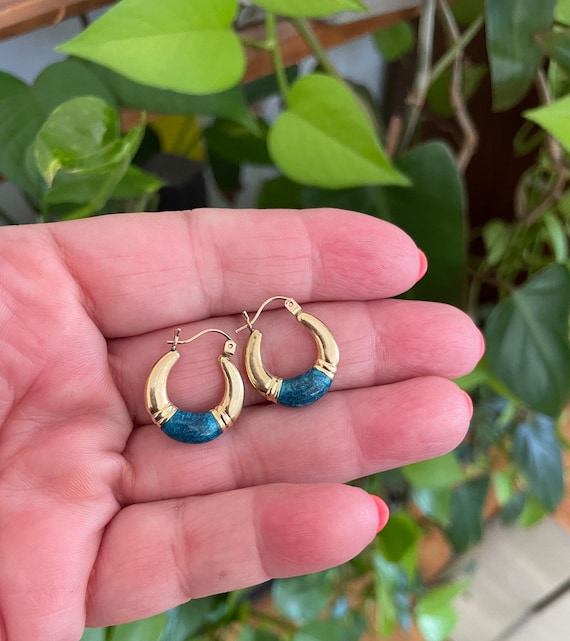 14K Gold Earrings  - Retro  80s  Hoops Enamel