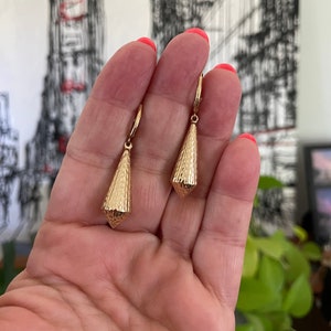 14K Gold  Dangle earrings  Yellow  - Vintage Drop Earrings Diamond Cut