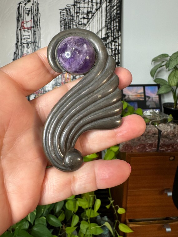 Sterling Silver Amethyst Cornucopia Brooch Pin TA… - image 7