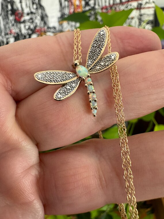 10k Diamond Opal Pendant Dragonfly Necklace Vinta… - image 2