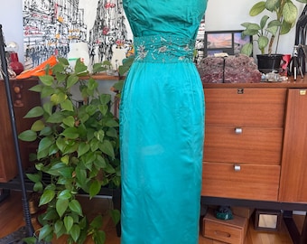 1960s Dress  Emerald Green Gown Beaded Pleated train "Miss Bergdorf"