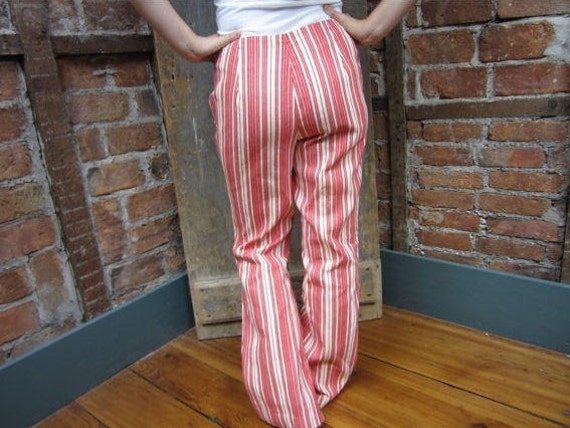 1960's Pants . Red & white Striped Bell Bottoms .