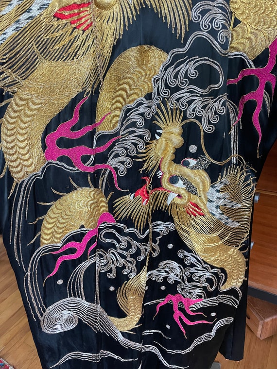 Japanese Silk Kimono Robe Couched Gold Thread Emb… - image 1